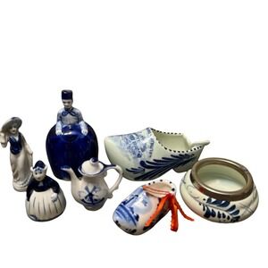 Vintage Delft Blue Miniature Lot Figurines Shoe Teapot Holland Decor Set